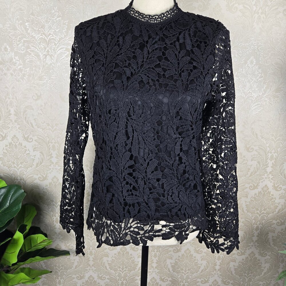 Ultra Pink Size Small Black Lace High Neck Blouse Long Sleeve Back Keyhole NWT